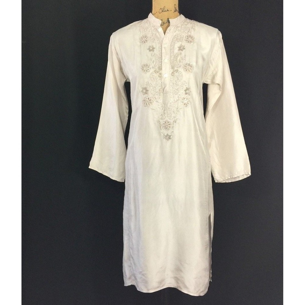 MATTA NY Dress XS Light Gray Silk Bead Embellish Midi Bohemian India Tunic‎
